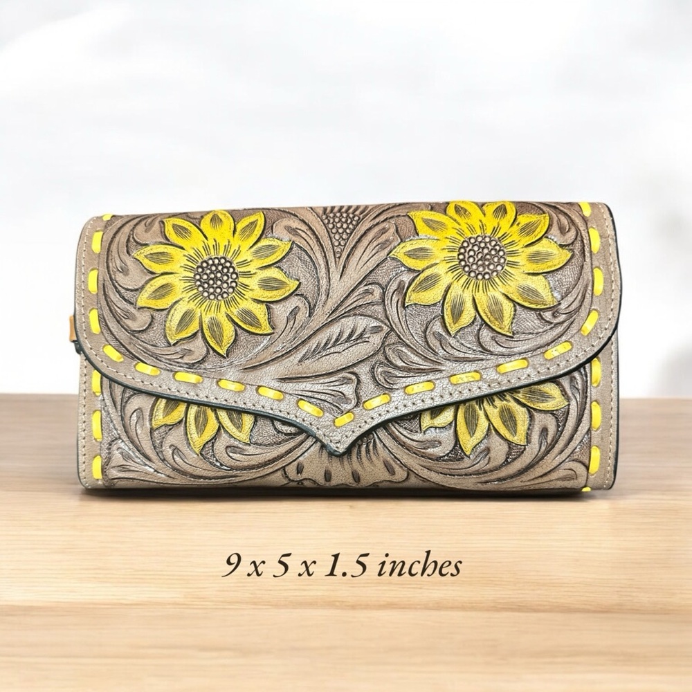 Floral Embossed Leather Clutch in Yellow and Gray